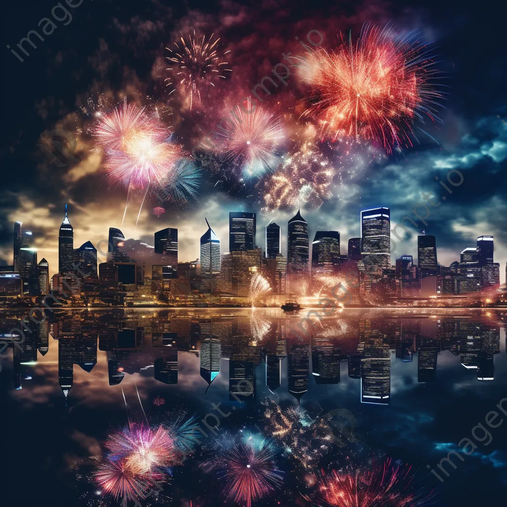 Fireworks bursting in the night sky over a city skyline on New Year