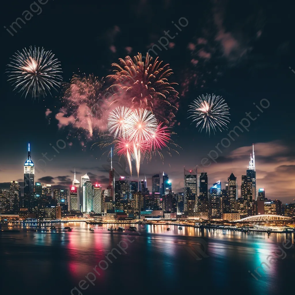 Fireworks bursting in the night sky over a city skyline on New Year