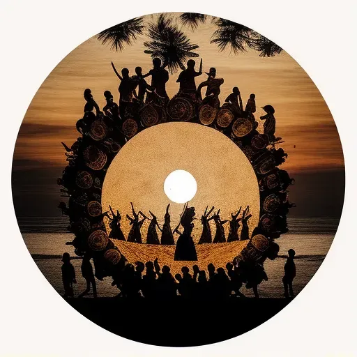 Image of a traditional Balinese Kecak dance performance at sunset with performers in a circular formation - Image 1