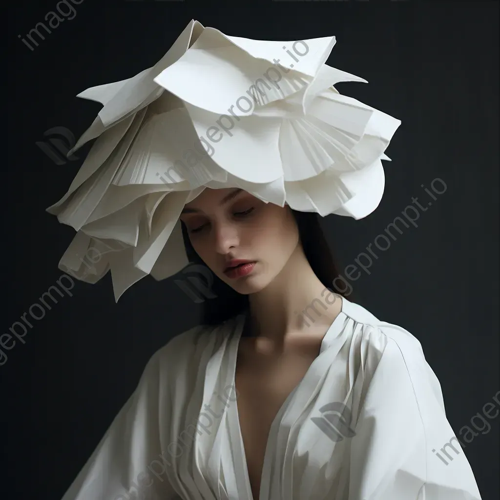 Low poly, sculptural hat in monochrome white, reminiscent of paper mache - Image 3