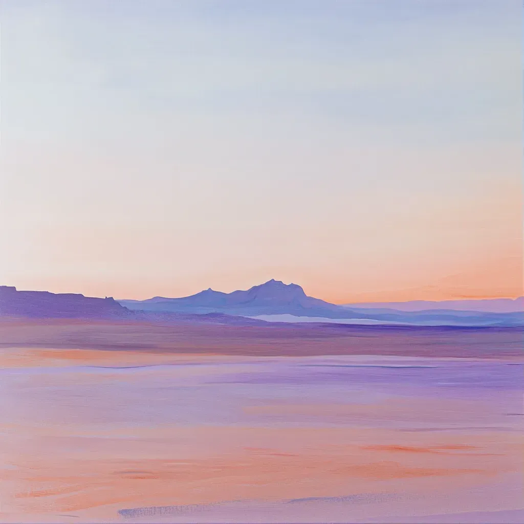 Sparse, pastel-hued minimalistic depiction of a desert vista at twilight - Image 1