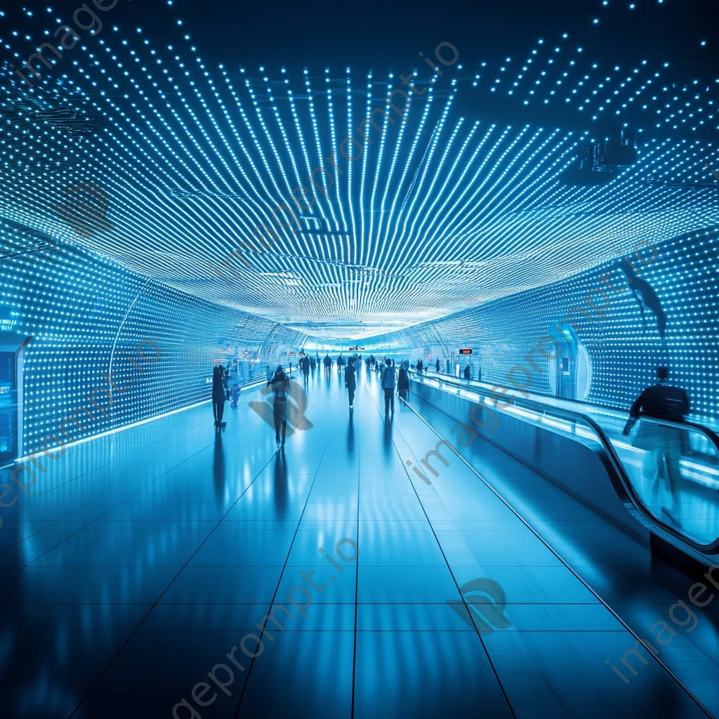 Futuristic transportation hub with digital grids and travelers under blue light, captured with a Canon EOS 90D. - Image 1