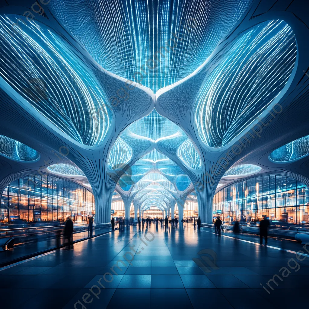 Futuristic transportation hub with digital grids and travelers under blue light, captured with a Canon EOS 90D. - Image 2