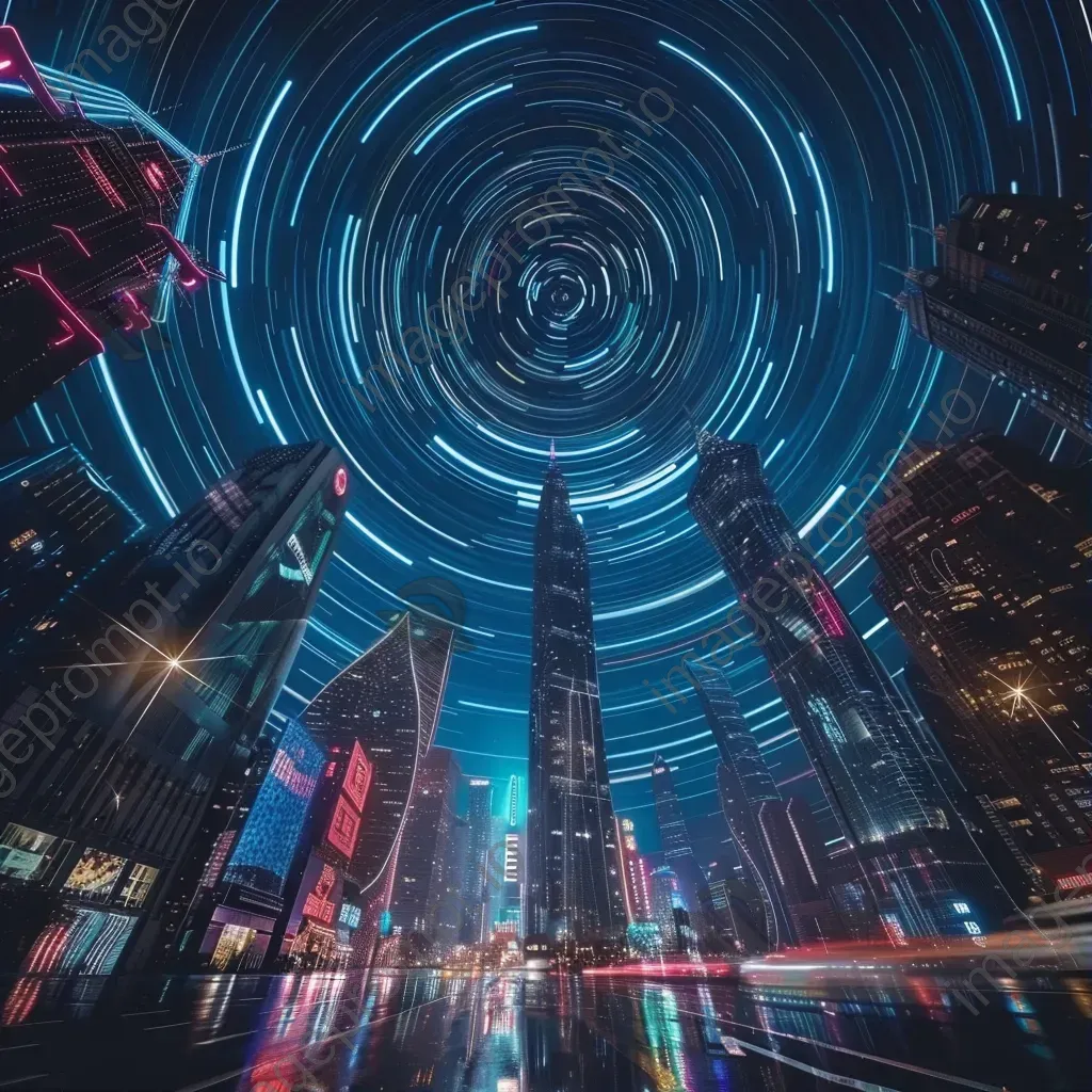 Intricate star trails forming a pattern above a futuristic cityscape with neon lights - Image 1