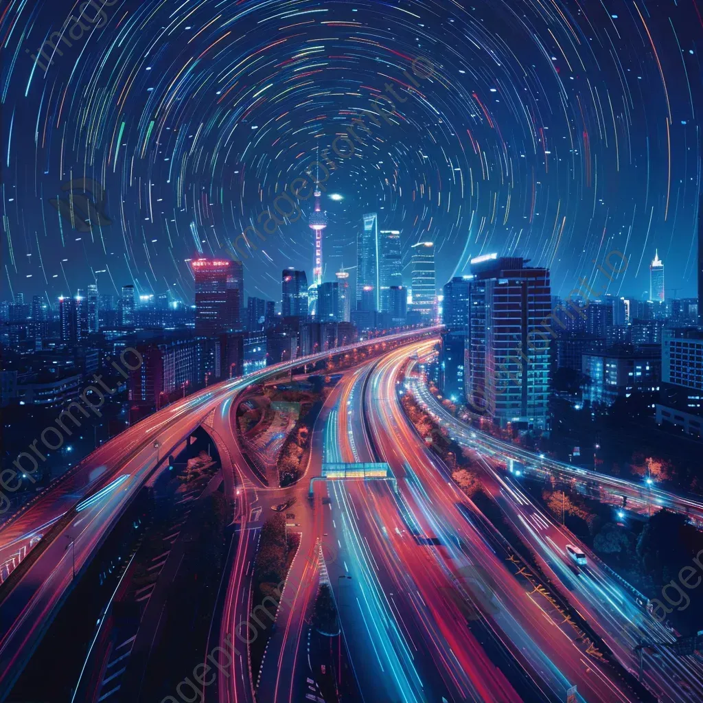 Intricate star trails forming a pattern above a futuristic cityscape with neon lights - Image 2