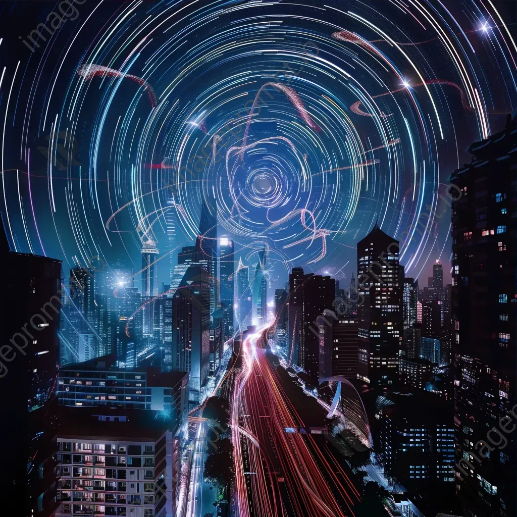 Intricate star trails forming a pattern above a futuristic cityscape with neon lights - Image 3