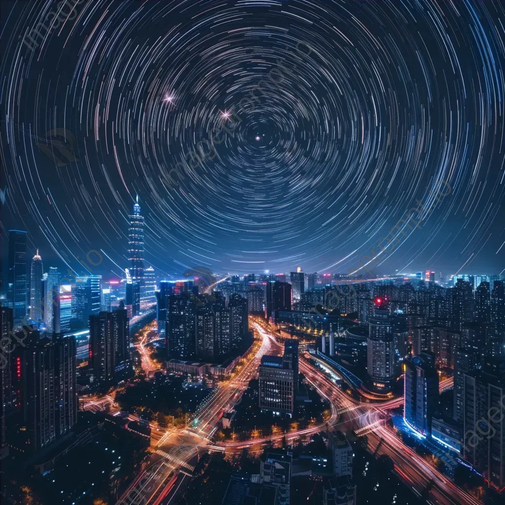 Intricate star trails forming a pattern above a futuristic cityscape with neon lights - Image 4