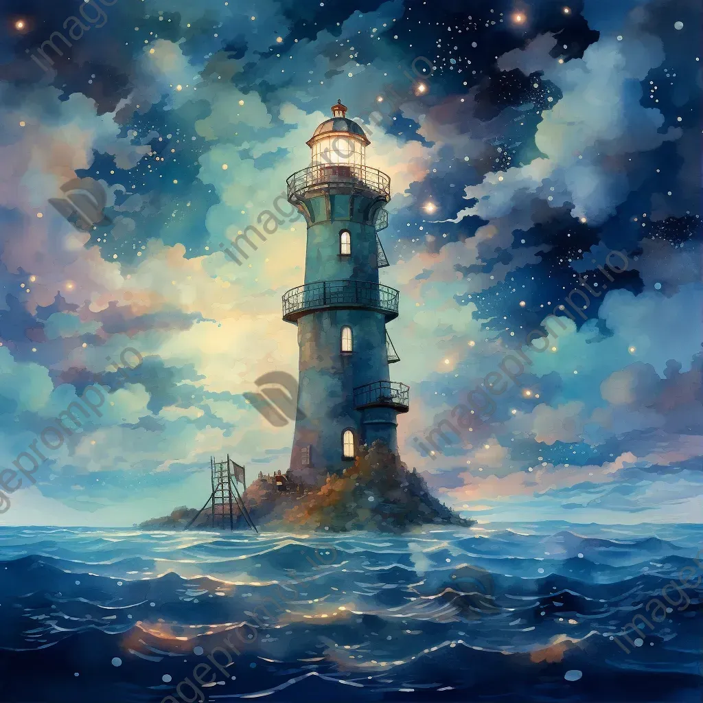 Dreamlike watercolor scene of cloud lighthouse casting beams in starry sky - Image 1