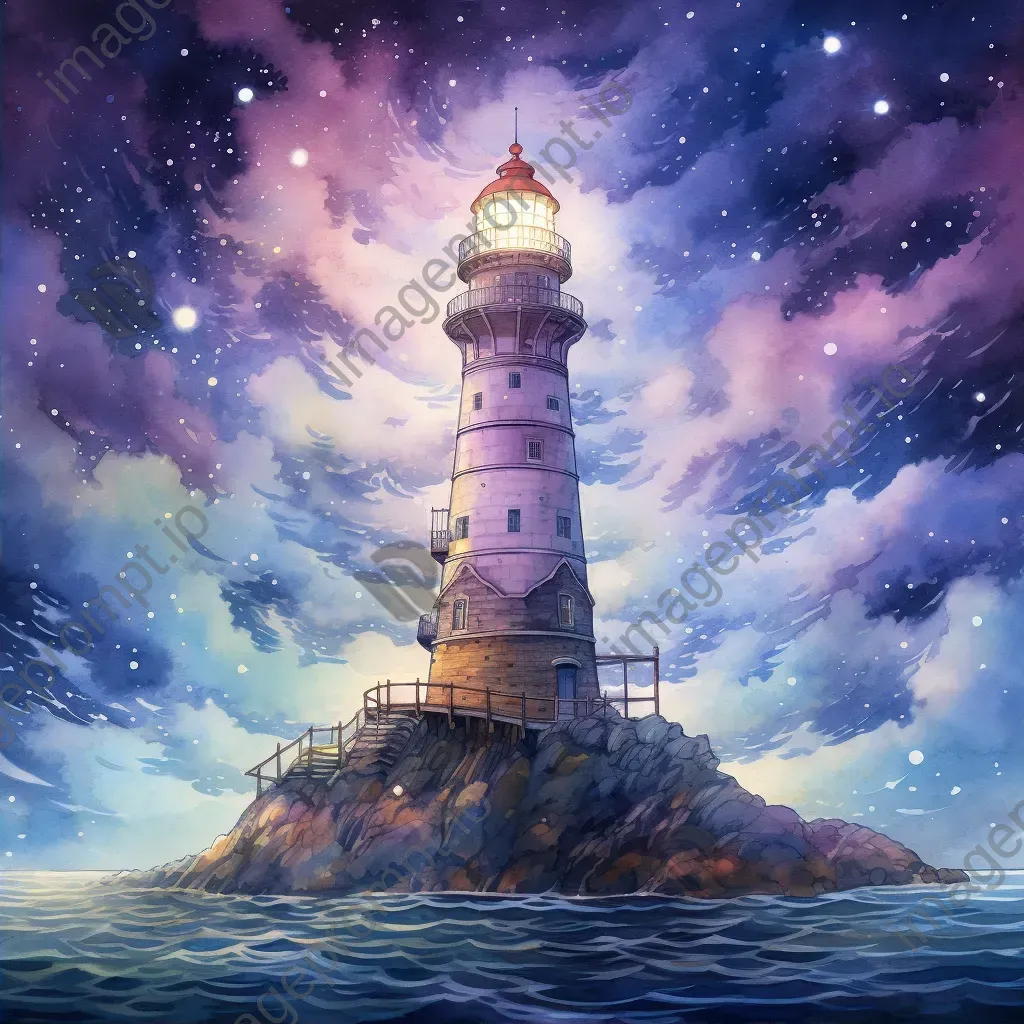 Dreamlike watercolor scene of cloud lighthouse casting beams in starry sky - Image 2