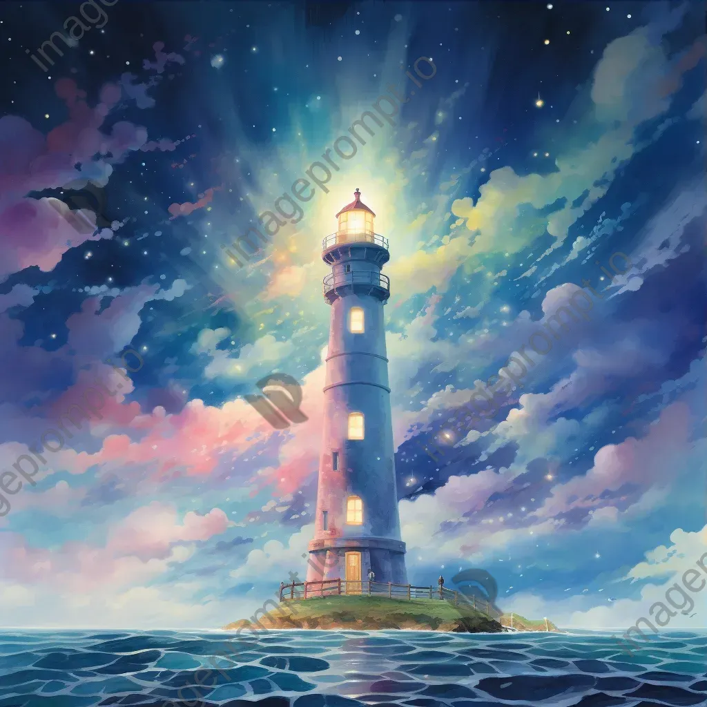 Dreamlike watercolor scene of cloud lighthouse casting beams in starry sky - Image 3