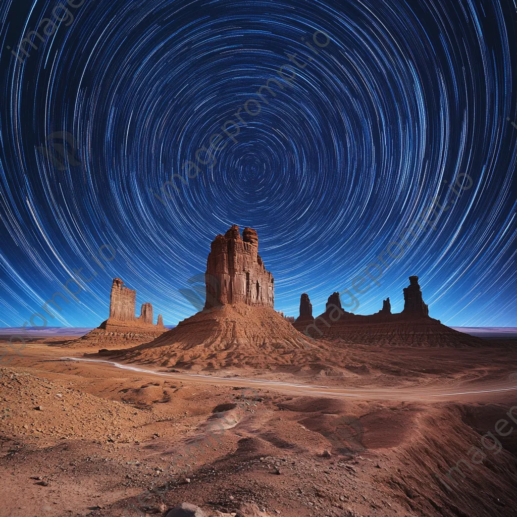 Star trails over unique rock formations in a desert landscape at night. - Image 1