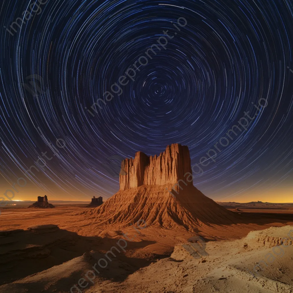 Star trails over unique rock formations in a desert landscape at night. - Image 2