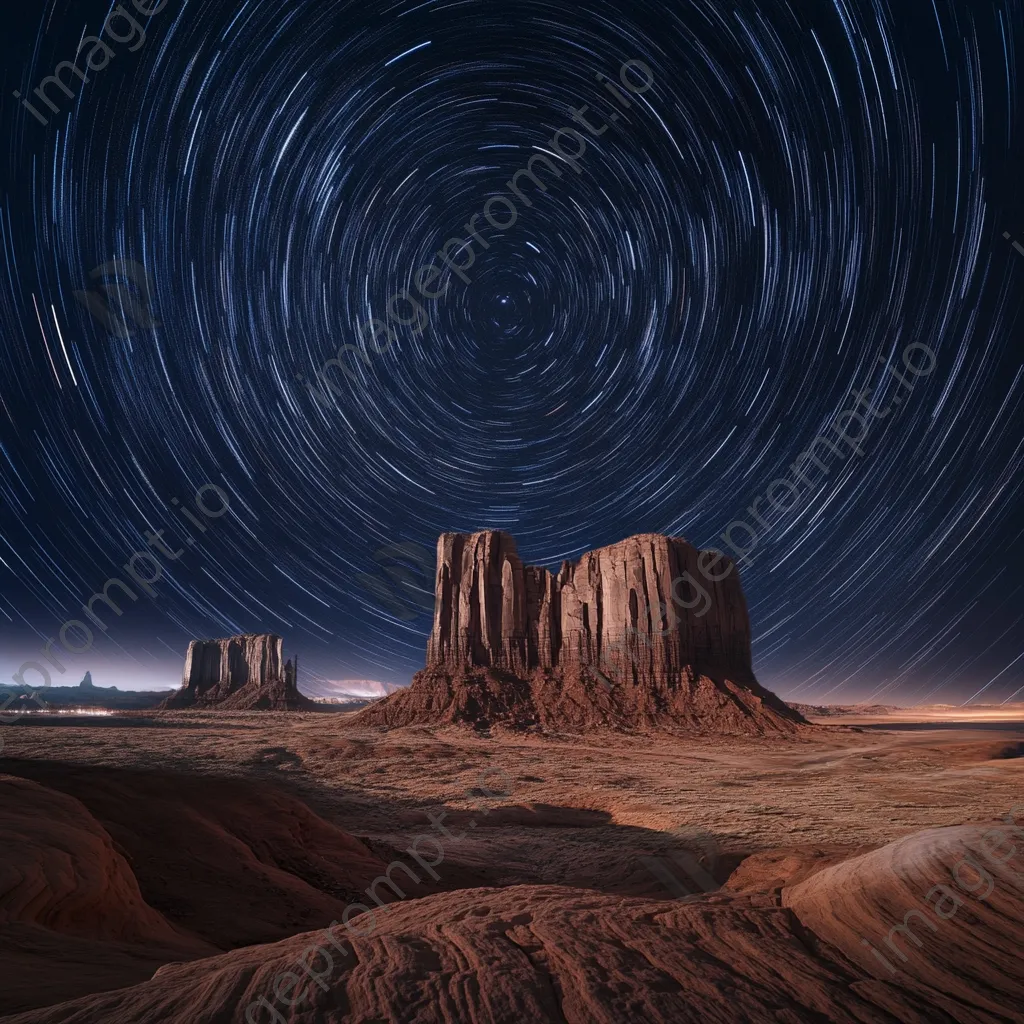 Star trails over unique rock formations in a desert landscape at night. - Image 3