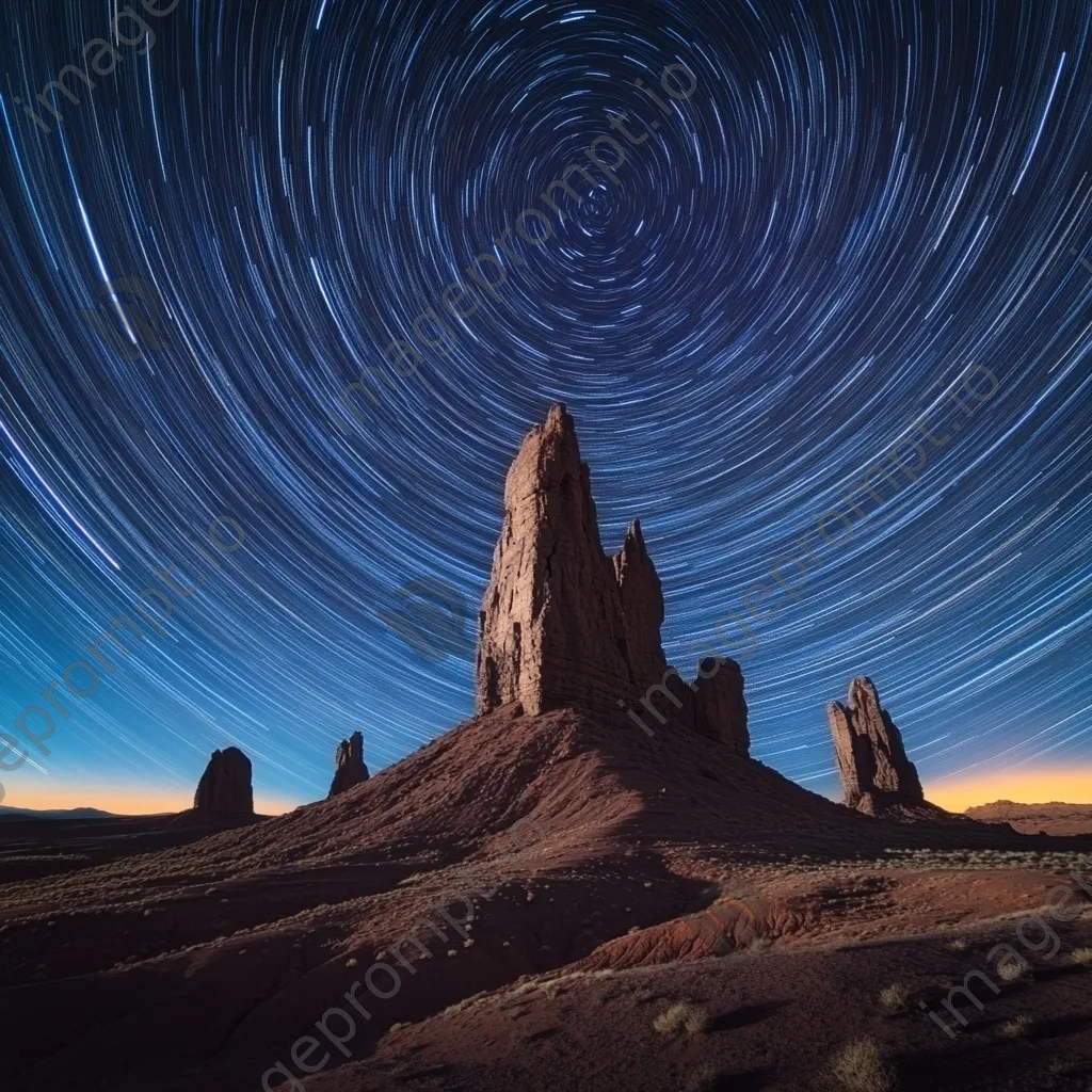 Star trails over unique rock formations in a desert landscape at night. - Image 4