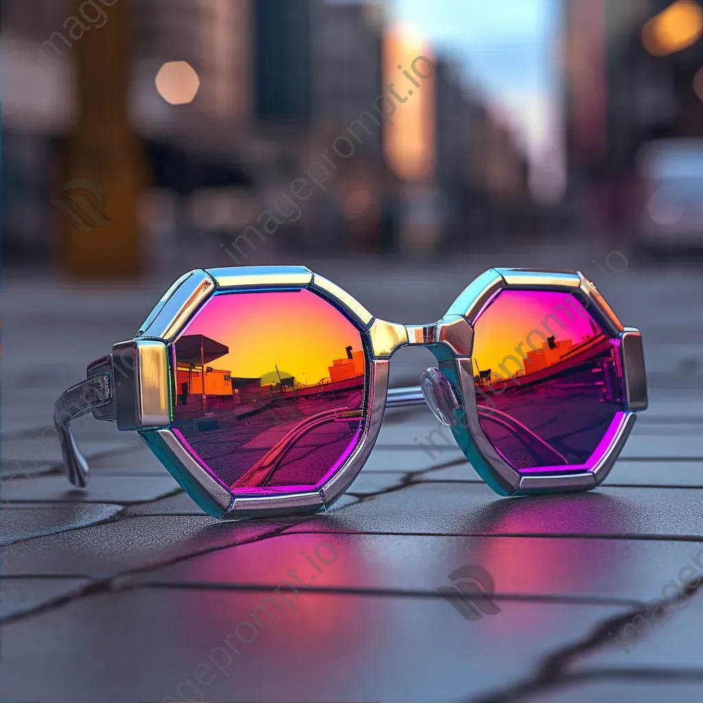 Eccentric low poly sunglasses lit with neon colors and reflecting futuristic chrome - Image 2