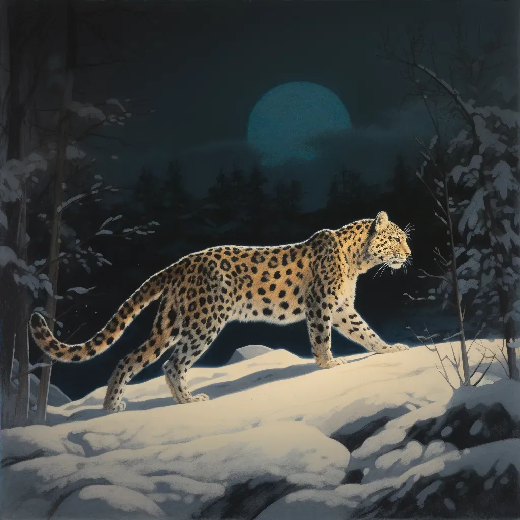 Majestic Amur leopard in snowy landscape under moonlight - Image 4