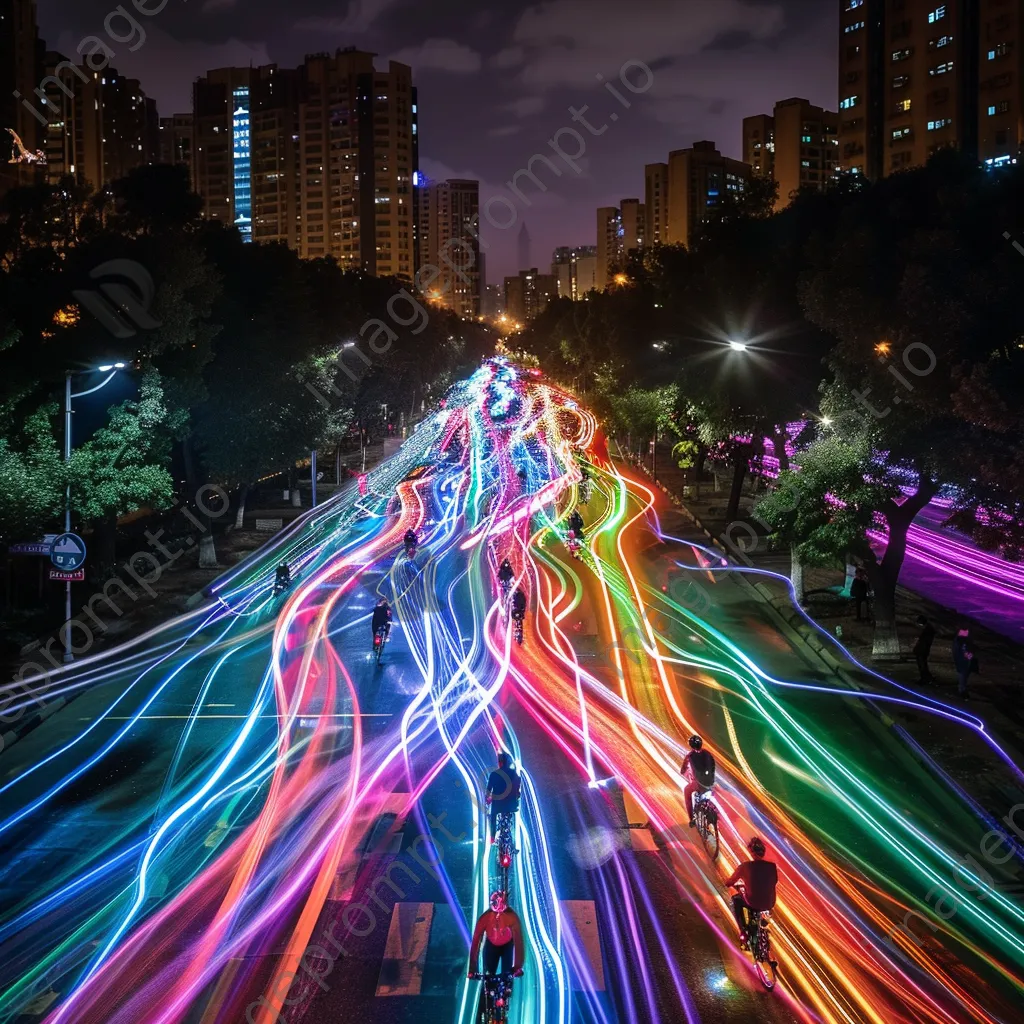 Vibrant light trails from bicycles racing through a city at night. - Image 3