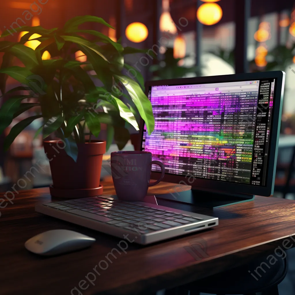 Close-up of a computer with colorful code on the screen and coffee in foreground. - Image 1