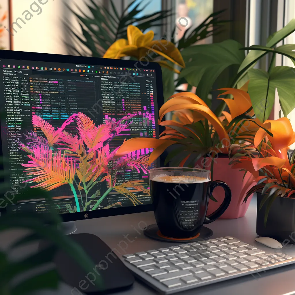 Close-up of a computer with colorful code on the screen and coffee in foreground. - Image 2