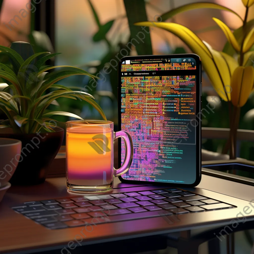 Close-up of a computer with colorful code on the screen and coffee in foreground. - Image 3