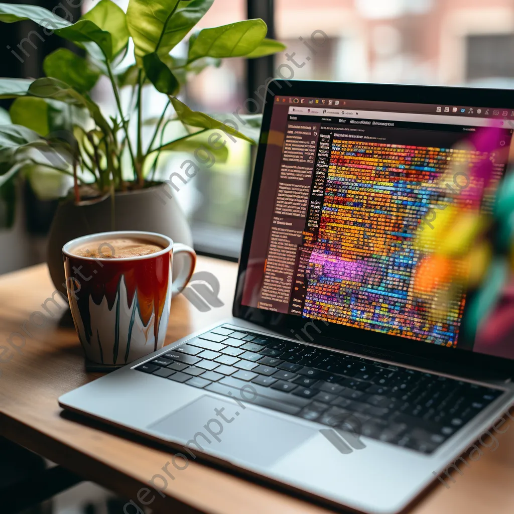 Close-up of a computer with colorful code on the screen and coffee in foreground. - Image 4