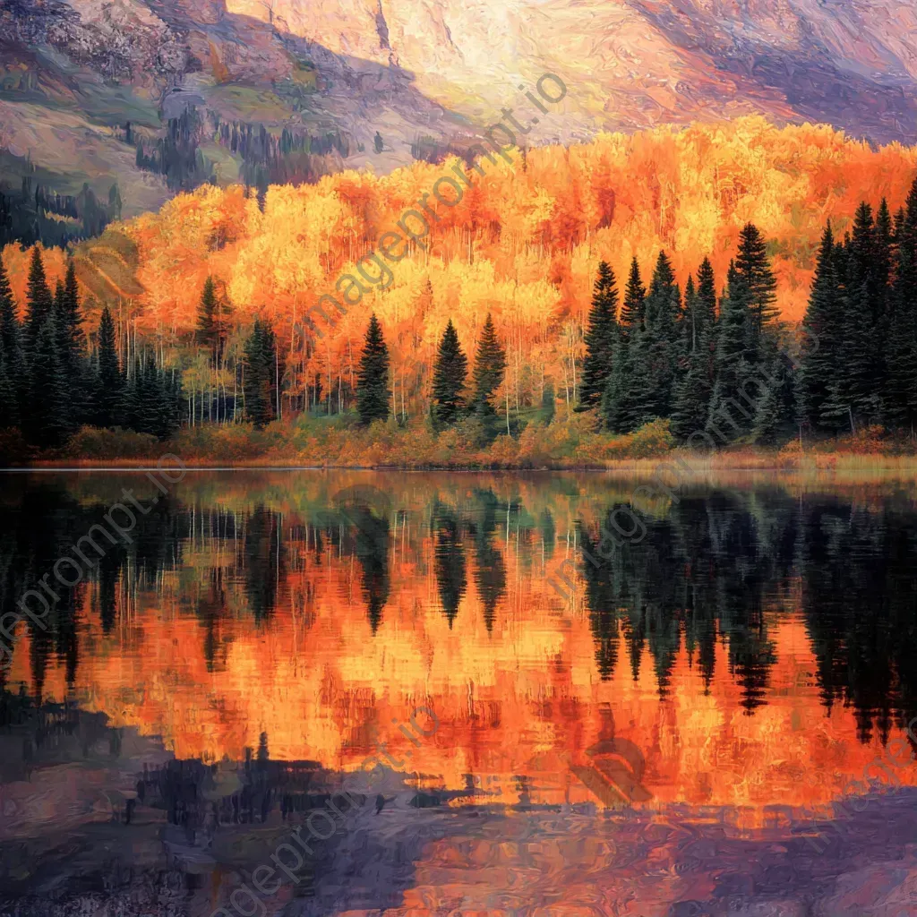 Impressionist style artwork of an autumnal forest reflected in a mountain lake at sunset - Image 1