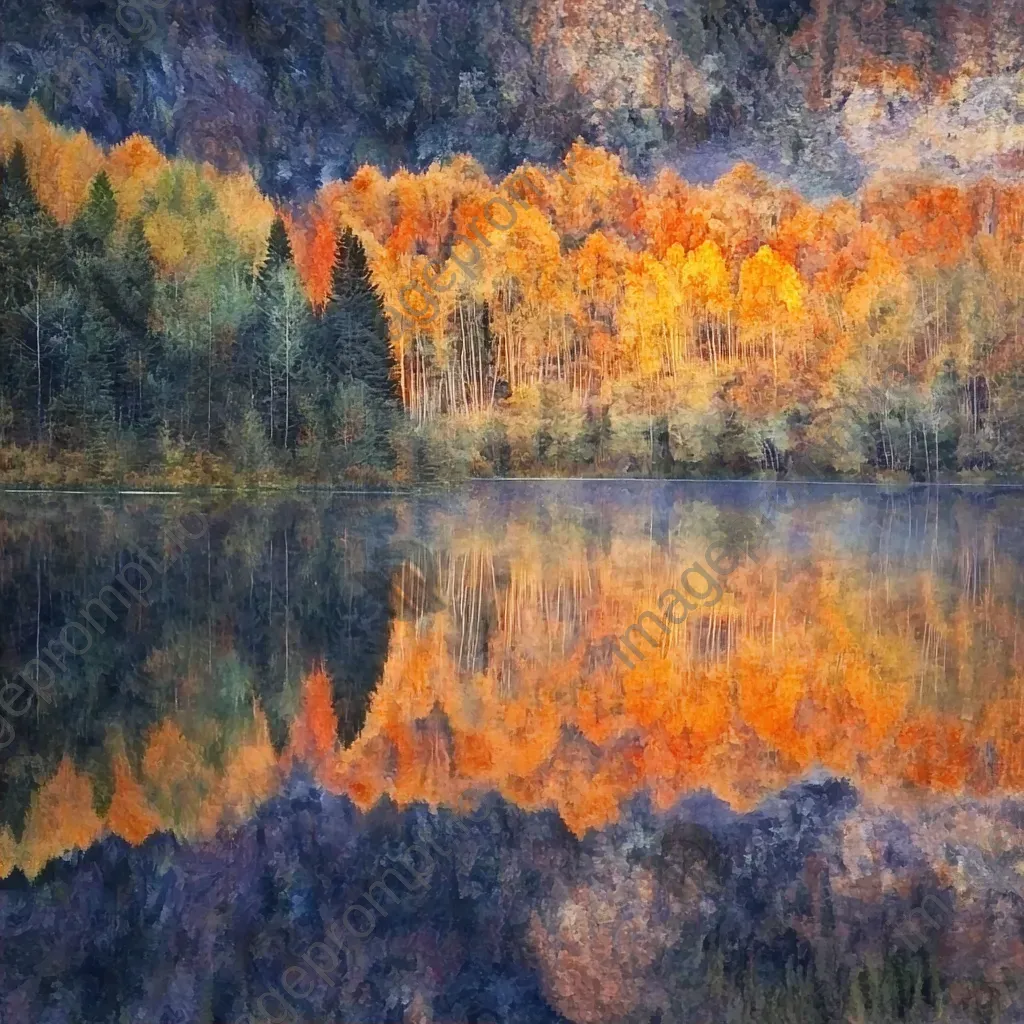 Impressionist style artwork of an autumnal forest reflected in a mountain lake at sunset - Image 2