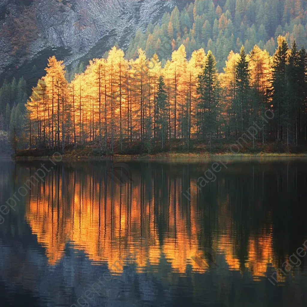 Impressionist style artwork of an autumnal forest reflected in a mountain lake at sunset - Image 3