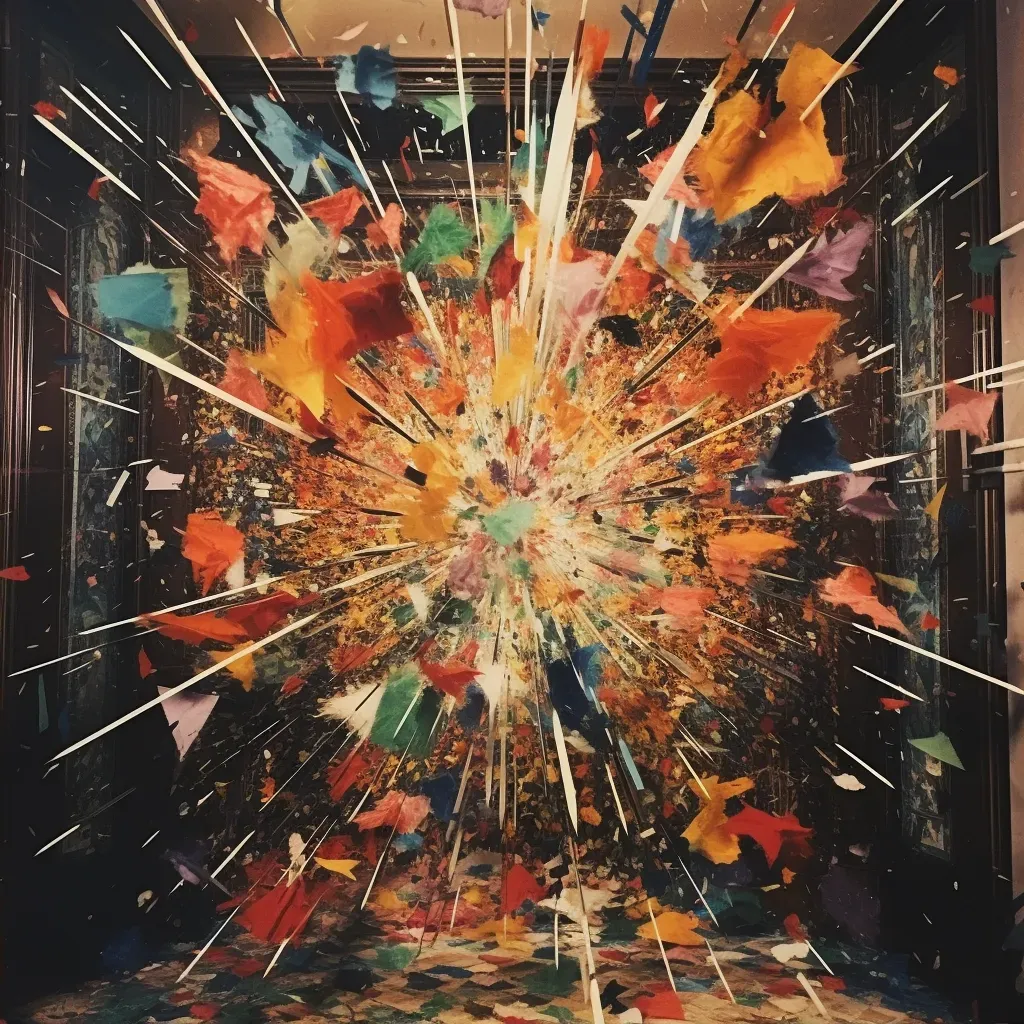 Dynamic explosion of multi-colored fragments resembling kaleidoscope