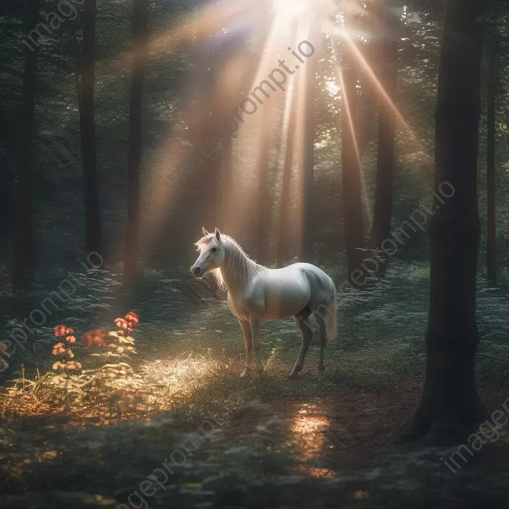 Mystical unicorn in magical forest clearing with soft sun rays - Image 1