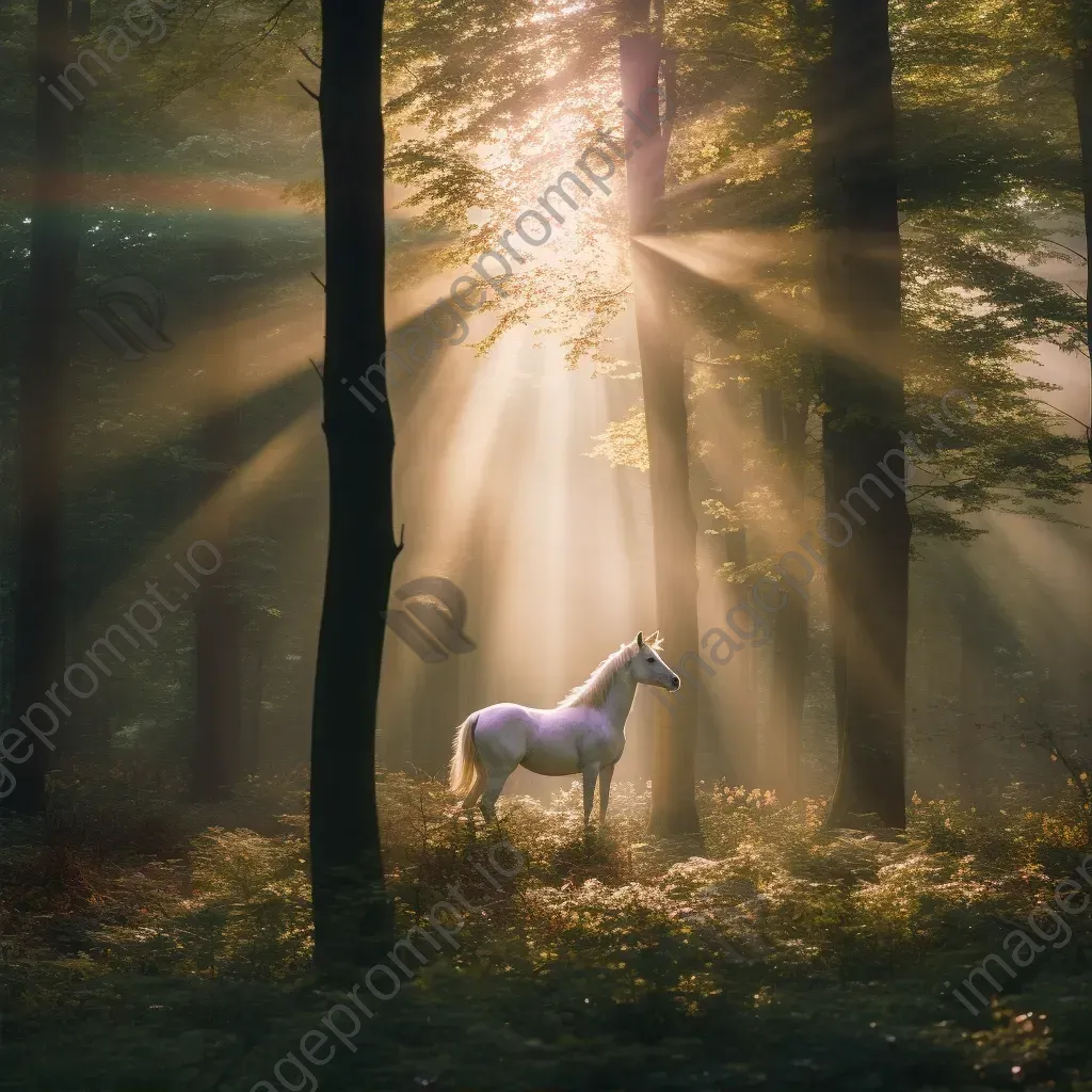 Mystical unicorn in magical forest clearing with soft sun rays - Image 2