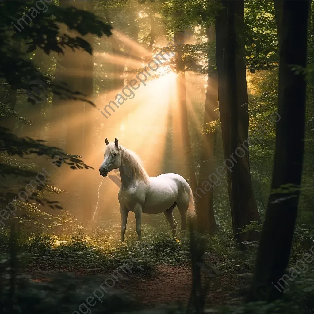 Mystical unicorn in magical forest clearing with soft sun rays - Image 3