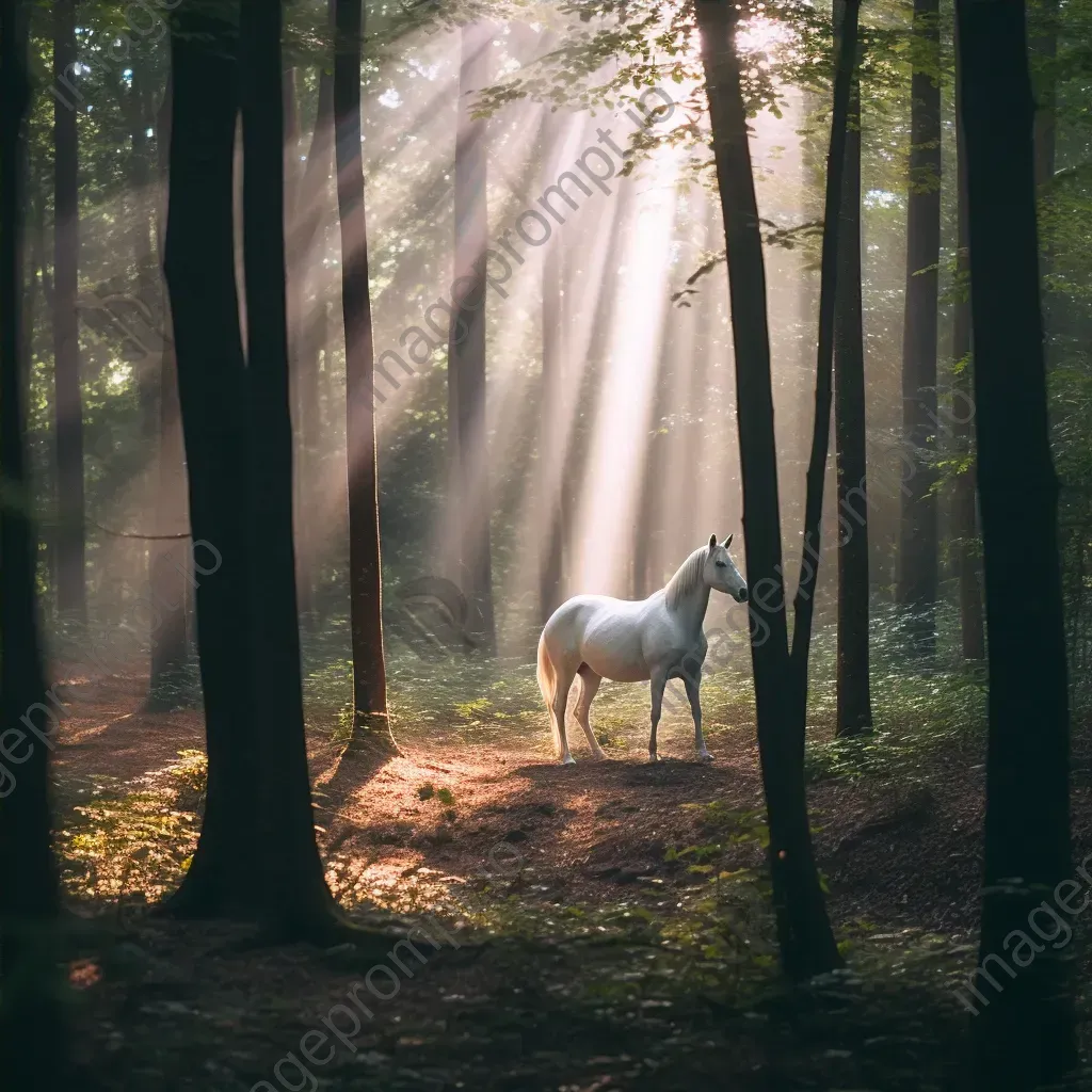 Mystical unicorn in magical forest clearing with soft sun rays - Image 4