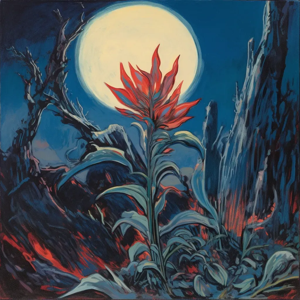 Alien plant with glowing blue leaves and a red stem on a distant exoplanet - Image 1