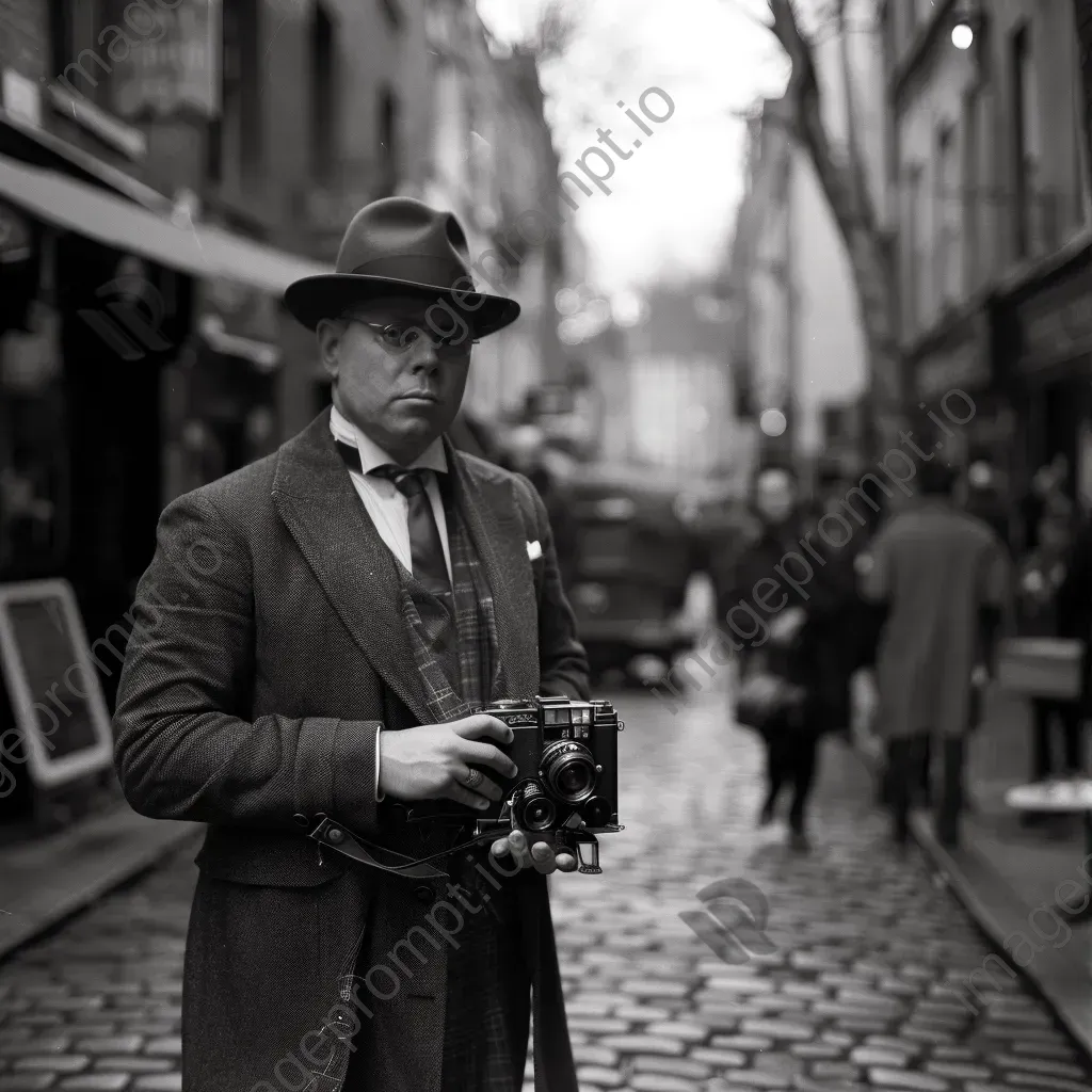 Vintage portrait of a 1920s gentleman with a vintage camera on a cobblestone street - Image 1