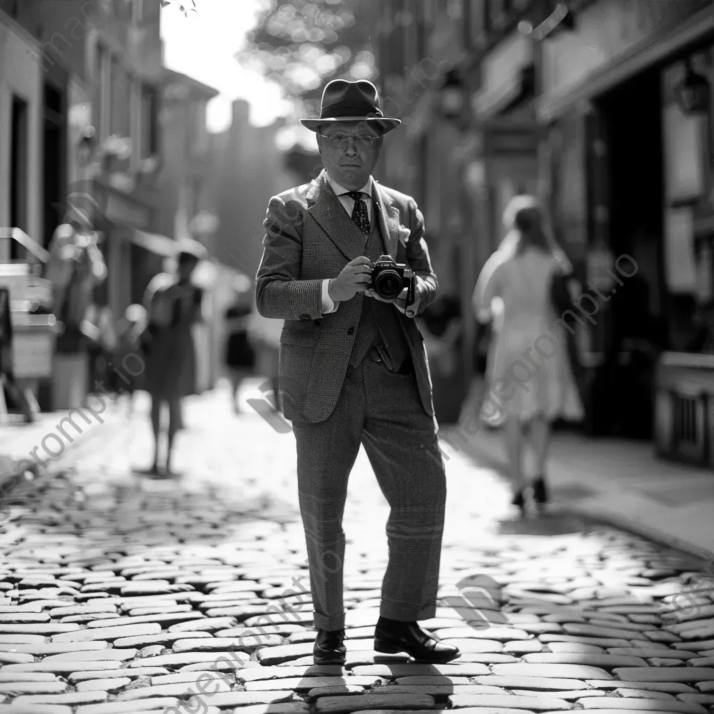 Vintage portrait of a 1920s gentleman with a vintage camera on a cobblestone street - Image 3