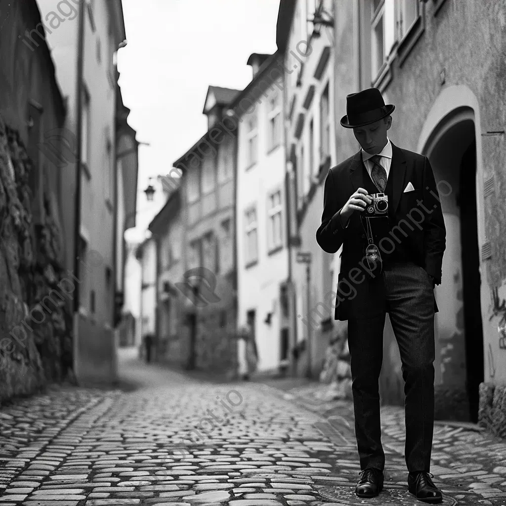 Vintage portrait of a 1920s gentleman with a vintage camera on a cobblestone street - Image 4