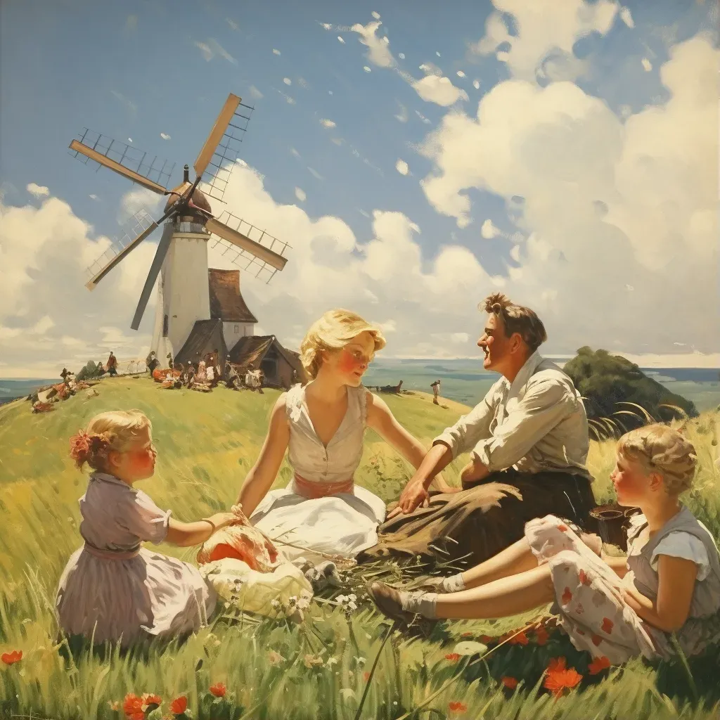 Family having a picnic with a windmill in the background - Image 1