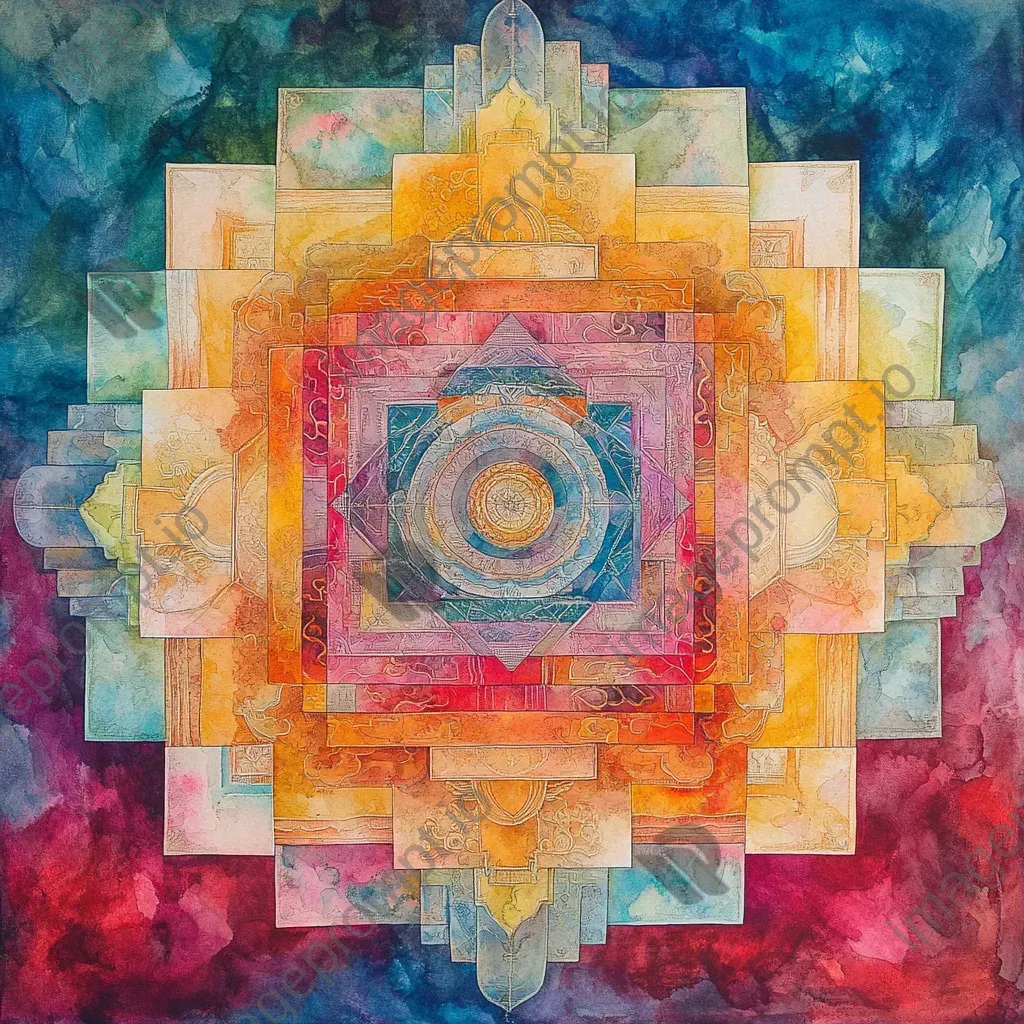 Vibrant watercolor mandala with intricate patterns reflecting Tibetan Thangka art - Image 1