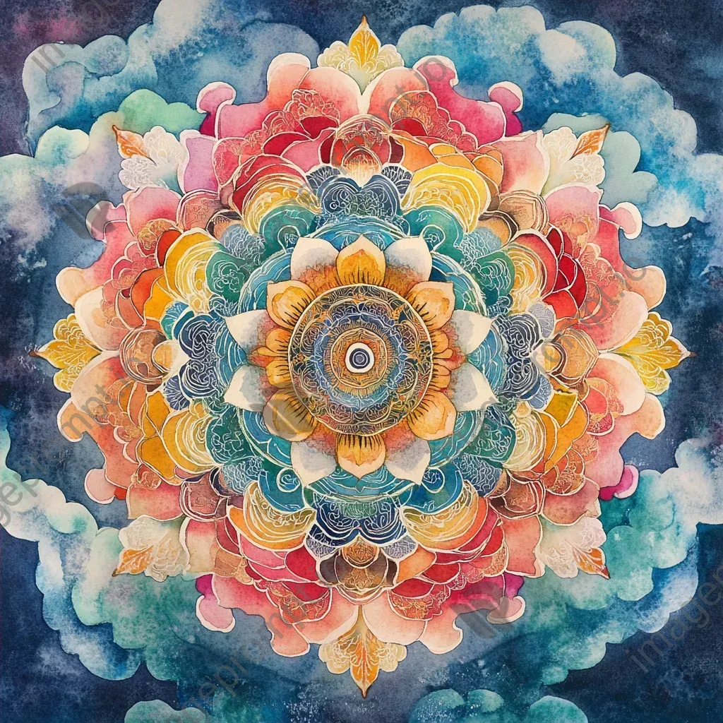 Vibrant watercolor mandala with intricate patterns reflecting Tibetan Thangka art - Image 2