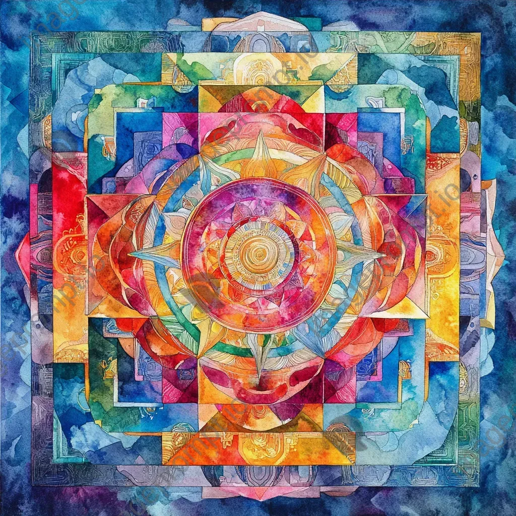 Vibrant watercolor mandala with intricate patterns reflecting Tibetan Thangka art - Image 3