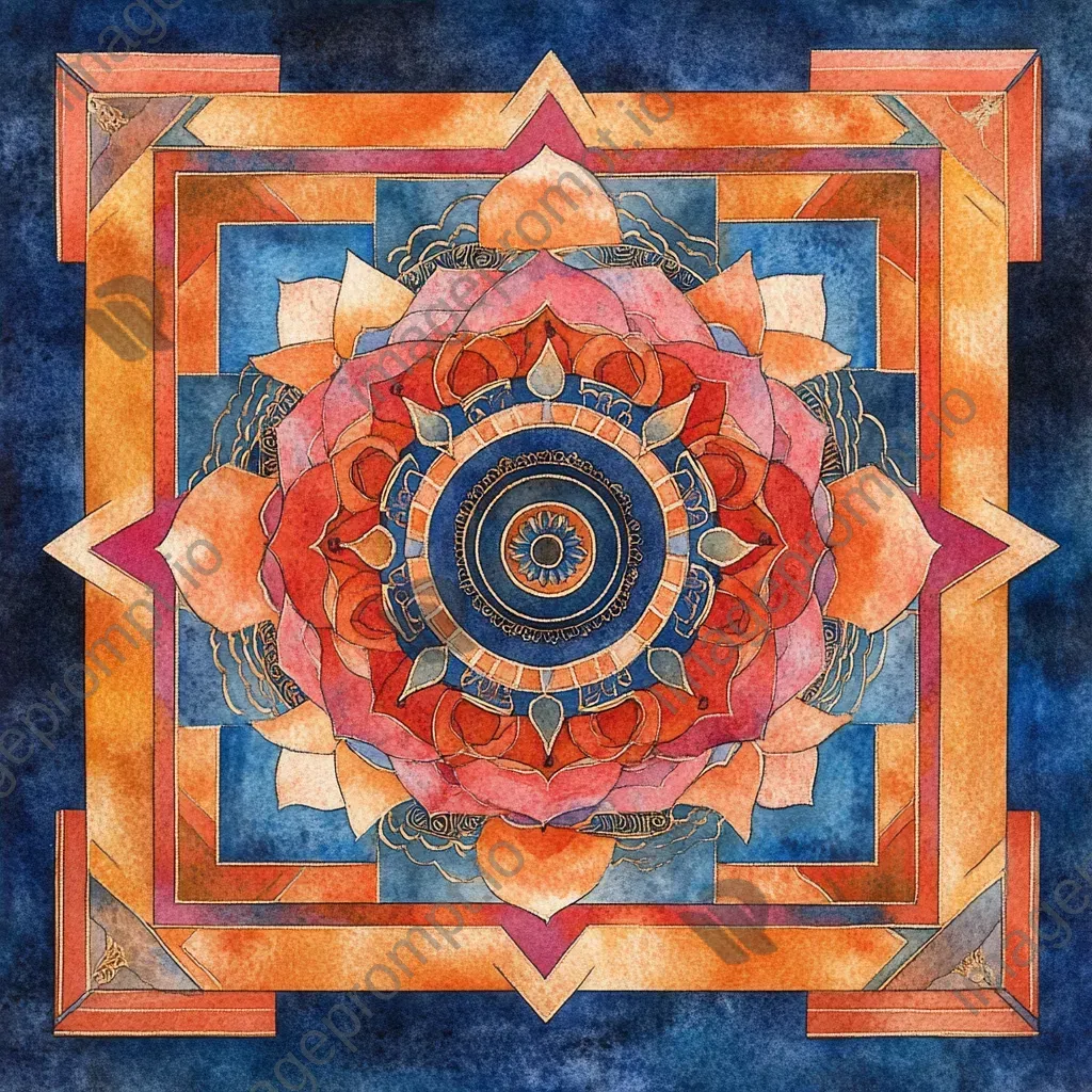 Vibrant watercolor mandala with intricate patterns reflecting Tibetan Thangka art - Image 4