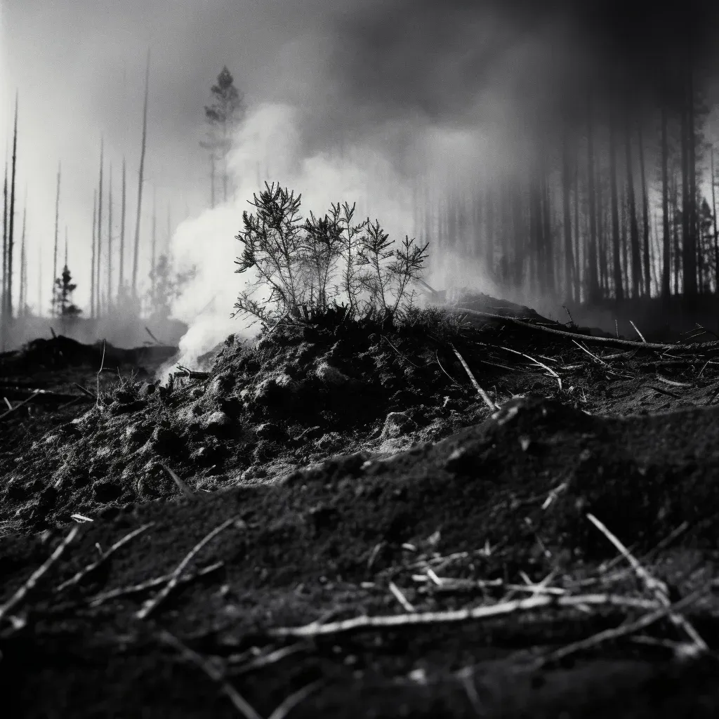 Illustration of a forest fire with new shoots sprouting from the ashes - Image 1