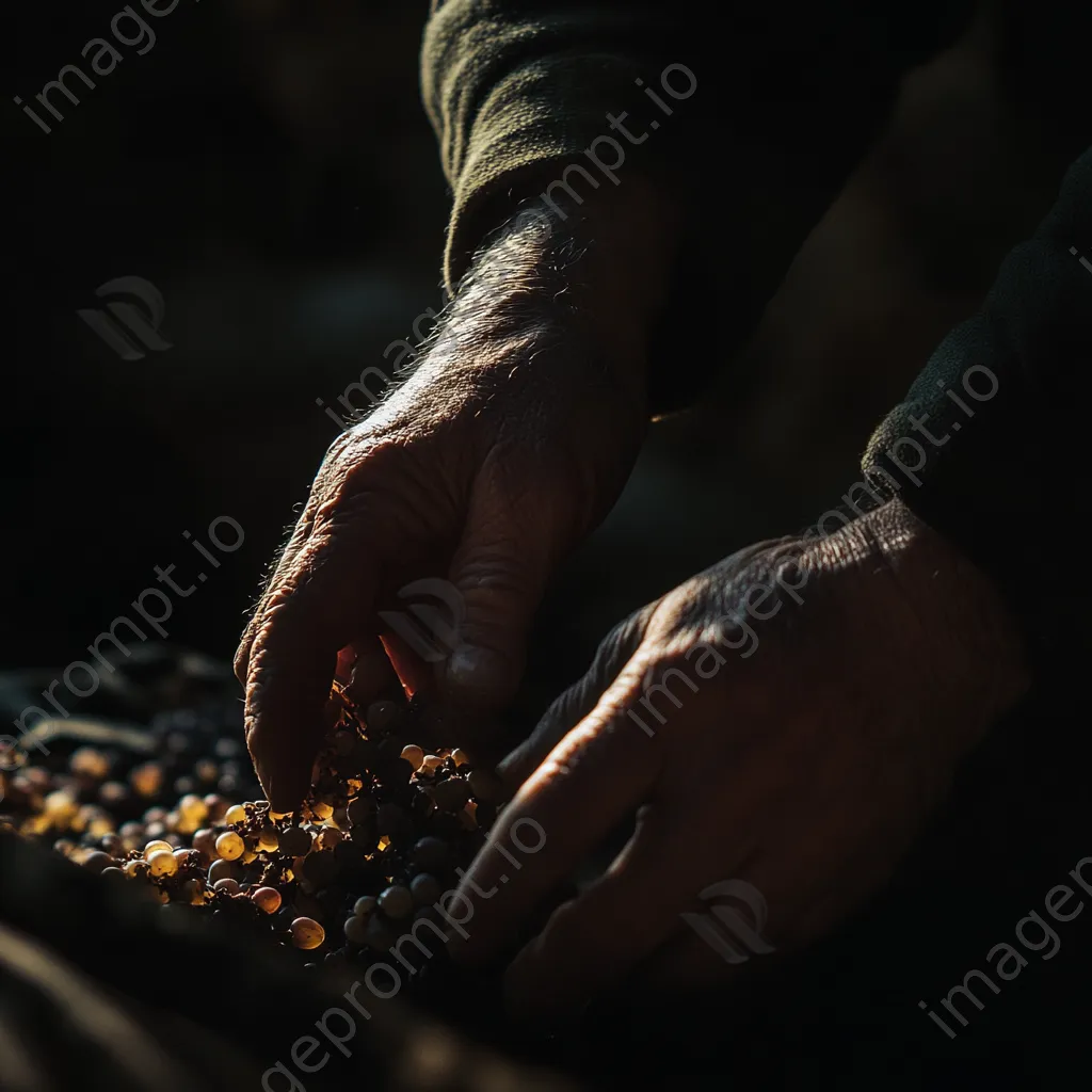 Close-up of hands inspecting ripe grapes - Image 1