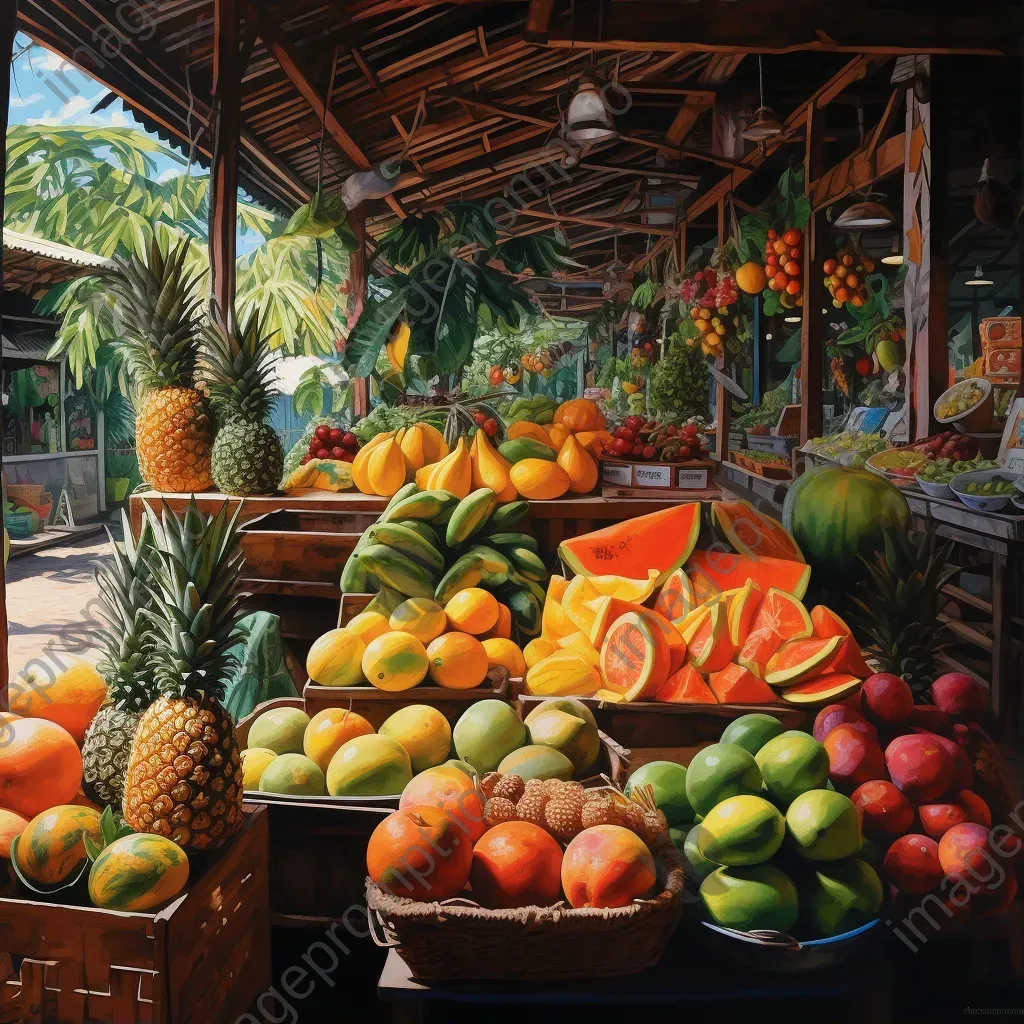 Vibrant acrylic painting of a tropical fruit market in Brazil - Image 1