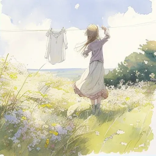 Woman hanging clothes in a flowery meadow - Image 2