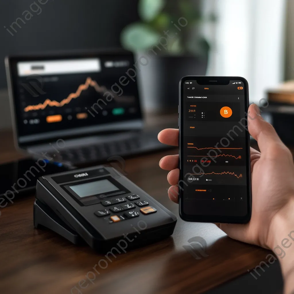 Smartphone displaying cryptocurrency portfolio and payment terminal - Image 2