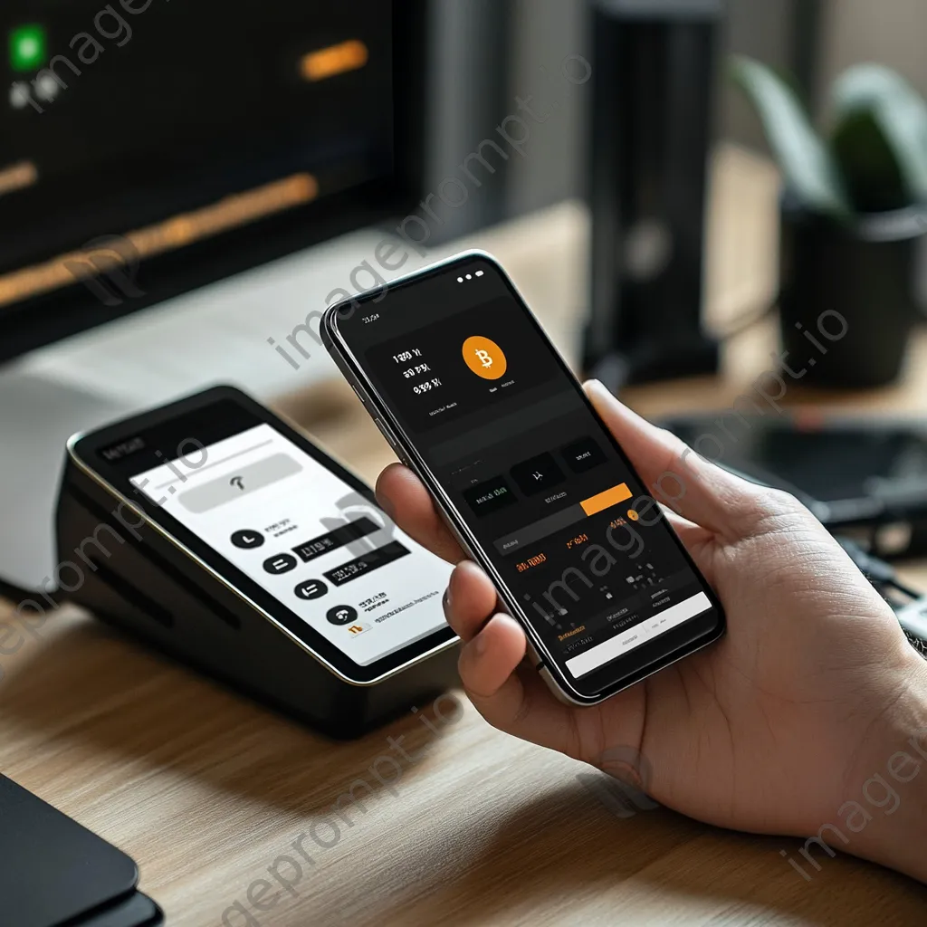 Smartphone displaying cryptocurrency portfolio and payment terminal - Image 4