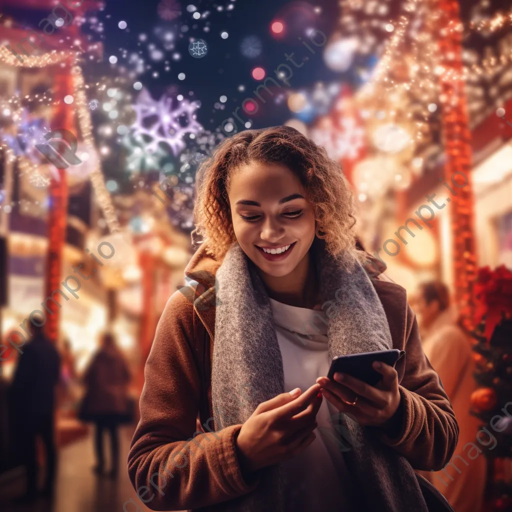 A cheerful person holding holiday shopping bags in front of lights. - Image 1