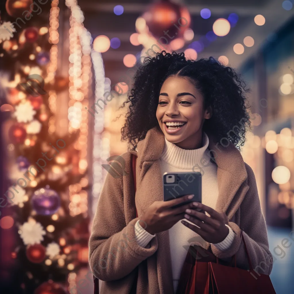 A cheerful person holding holiday shopping bags in front of lights. - Image 2